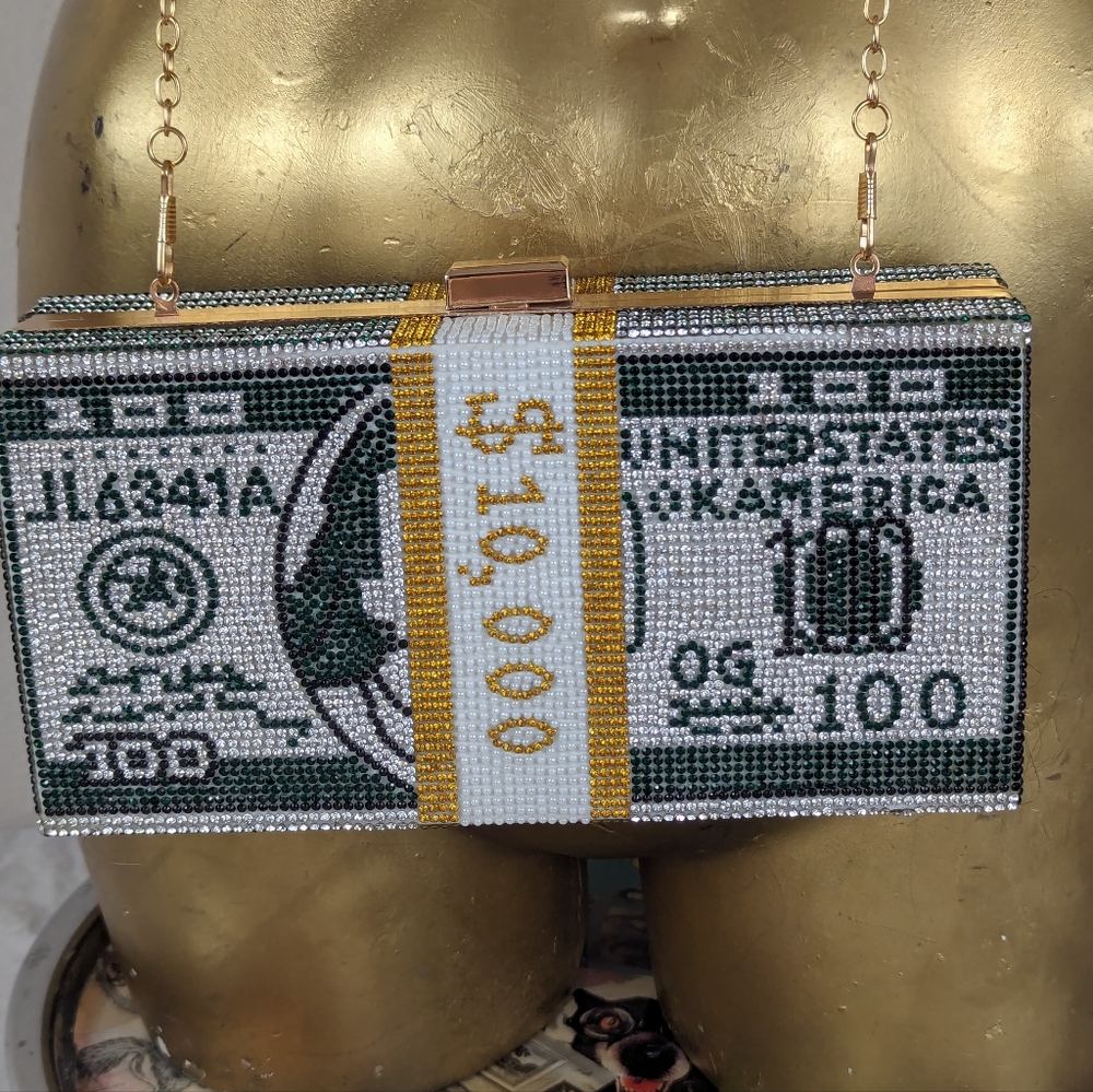 Money $$$$ Crossbody  with Rhinestones Bling!  Includes 2 Chain Lengths - Picture 3 of 15